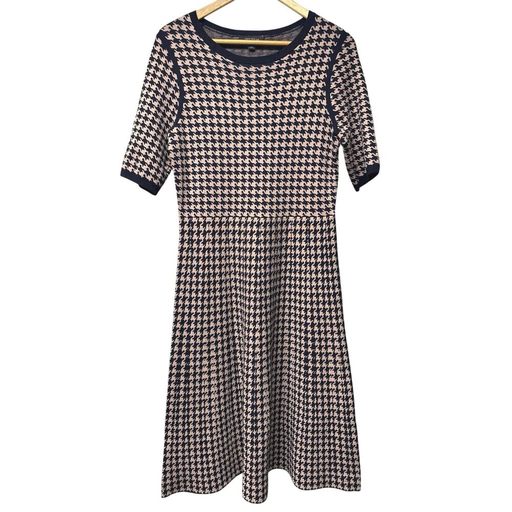 Ann Taylor Knit Dress Size Medium Black Navy Tan Houndstooth Coastal Fall Preppy